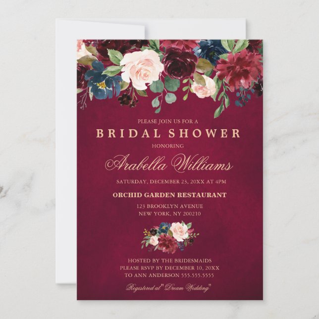 Burgundy Red Navy Floral Rustic Boho Bridal Shower Invitation (Front)