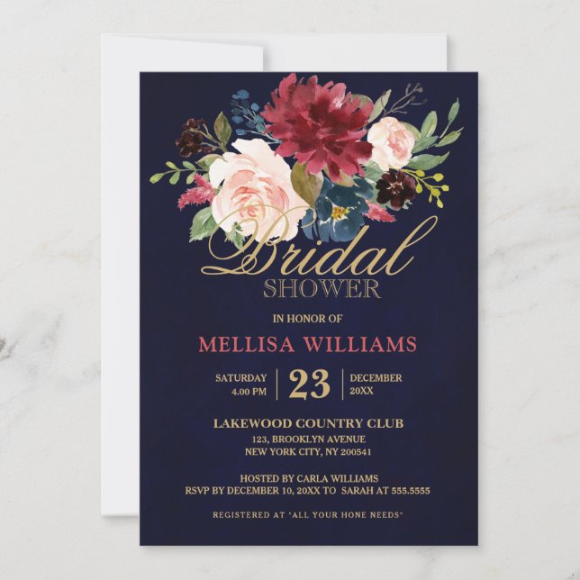 Burgundy Red Navy Floral Rustic Boho Bridal Shower Invitation (Front)