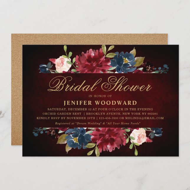 Burgundy Red Navy Floral Rustic Boho Bridal Shower Invitation (Front/Back)