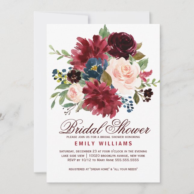 Burgundy Red Navy Floral Rustic Boho Bridal Shower Invitation (Front)