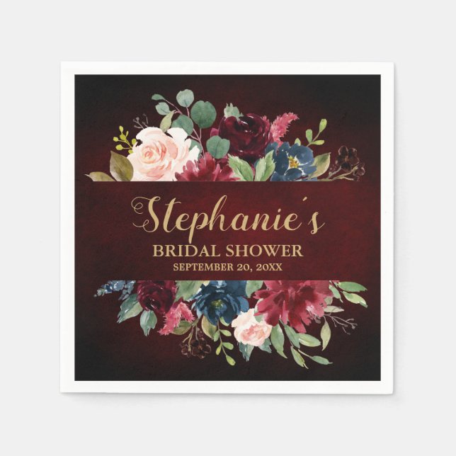 Burgundy Red Navy Floral Rustic Boho Bridal Shower Napkin (Front)