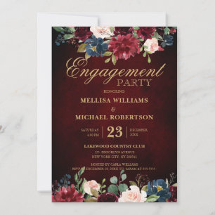 Burgundy Red Navy Floral Rustic Boho Engagement Invitation