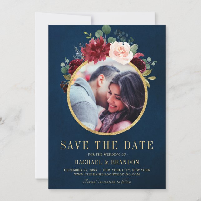 Burgundy Red Navy Floral Rustic Boho Photo Save The Date (Front)