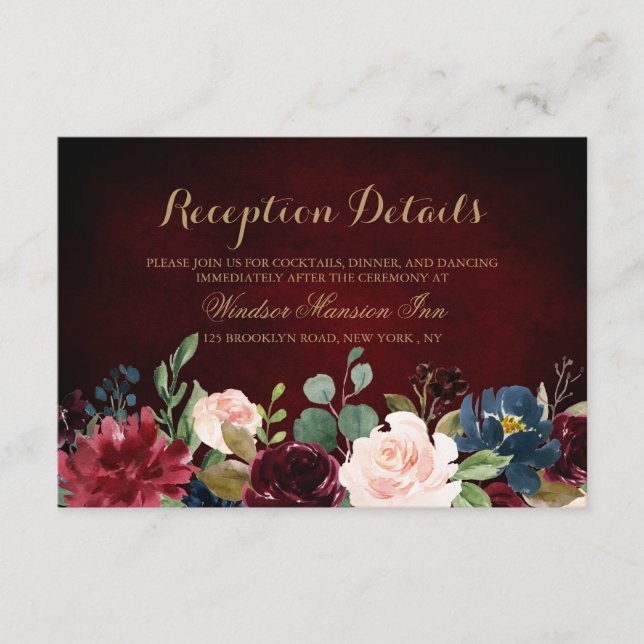 Burgundy Red Navy Floral Rustic Boho Reception Enclosure Card (Front)