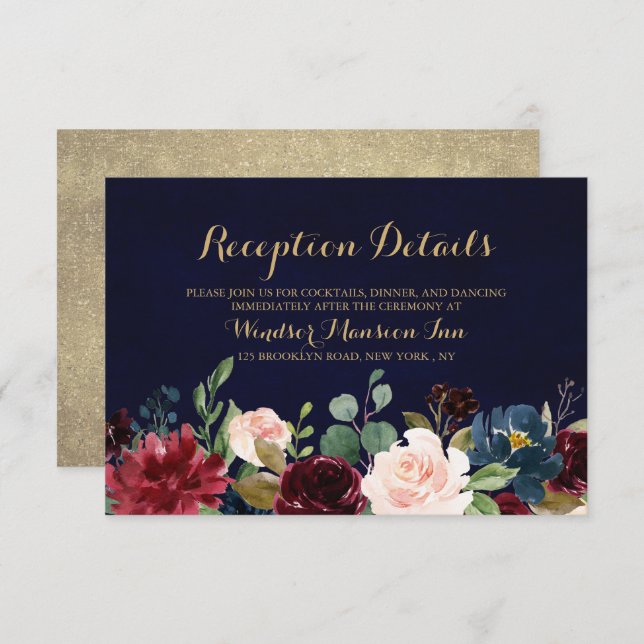 Burgundy Red Navy Floral Rustic Boho Reception Invitation (Front/Back)