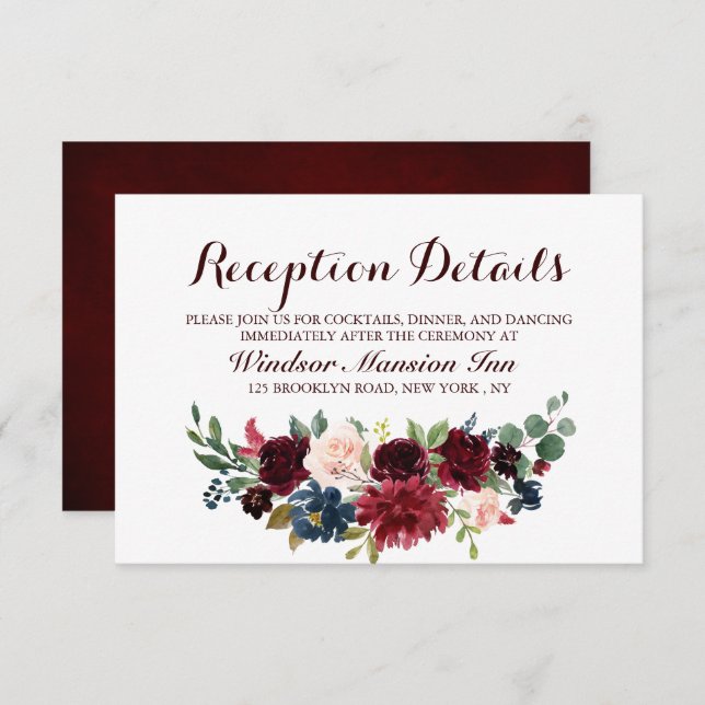 Burgundy Red Navy Floral Rustic Boho Reception Invitation (Front/Back)