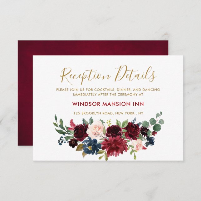 Burgundy Red Navy Floral Rustic Boho Reception Invitation (Front/Back)