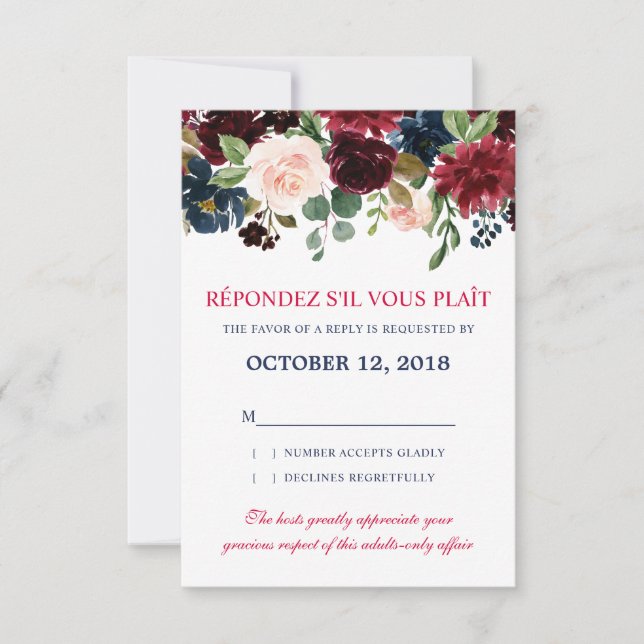 Burgundy Red Navy Floral Rustic Boho RSVP Card (Front)