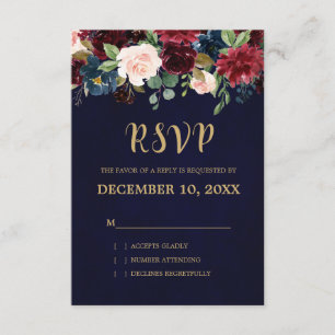 Burgundy Red Navy Floral Rustic Boho RSVP Card