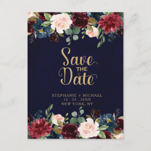 Burgundy Red Navy Floral Rustic Boho Save the Date Announcement Postcard