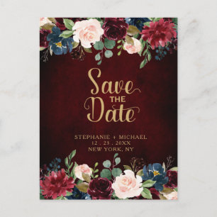 Burgundy Red Navy Floral Rustic Boho Save the Date Announcement Postcard