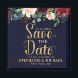 Burgundy Red Navy Floral Rustic Boho Sve the date Magnet<br><div class="desc">Watercolor Burgundy Red Navy Floral Rustic Boho Wedding Save the date magnet with gold text. Perfect for a fall wedding. The design features a stunning bouquet of burgundy / Marsala , peach , navy flowers / roses with matching leaves. Please find more matching designs and variations in my "blissweddingpaperie" store....</div>