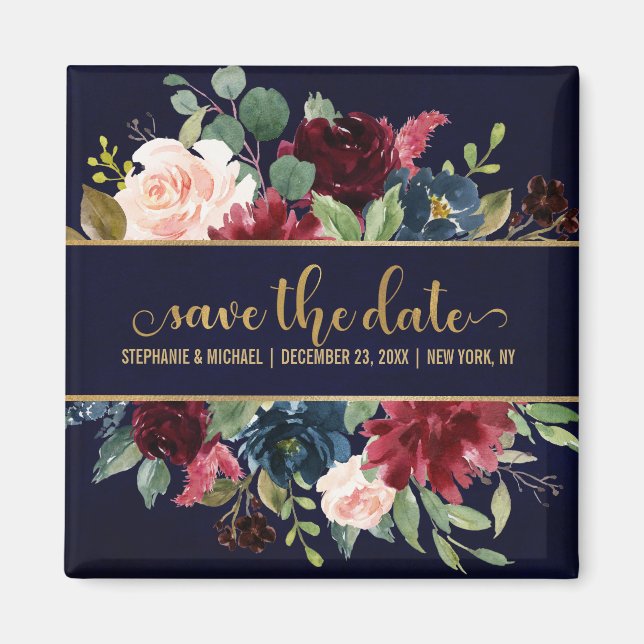 Burgundy Red Navy Floral Rustic Boho Sve the date Magnet (Front)
