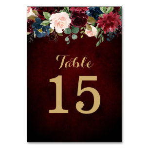 Burgundy Red Navy Floral Rustic Boho Table Number
