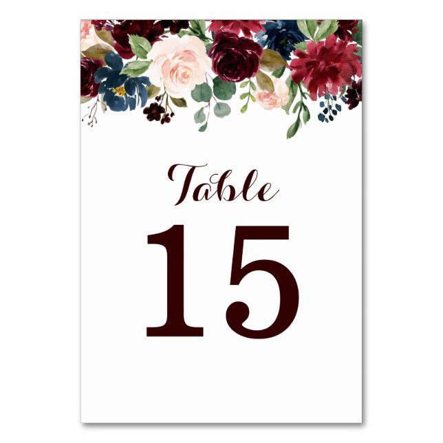 Burgundy Red Navy Floral Rustic Boho Table Number (Front)