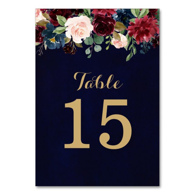 Burgundy Red Navy Floral Rustic Boho Table Number (Front)