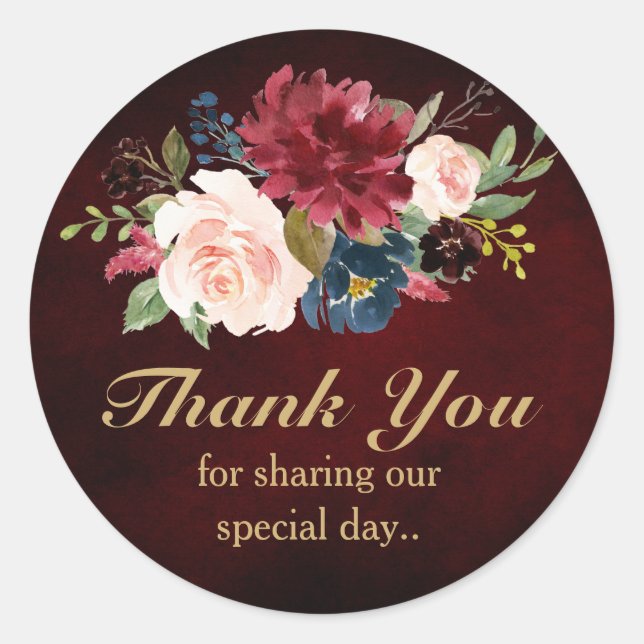 Burgundy Red Navy Floral Rustic Boho Thank You Classic Round Sticker (Front)