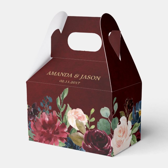 Burgundy Red Navy Floral Rustic Boho Wedding Favour Box (Front Side)