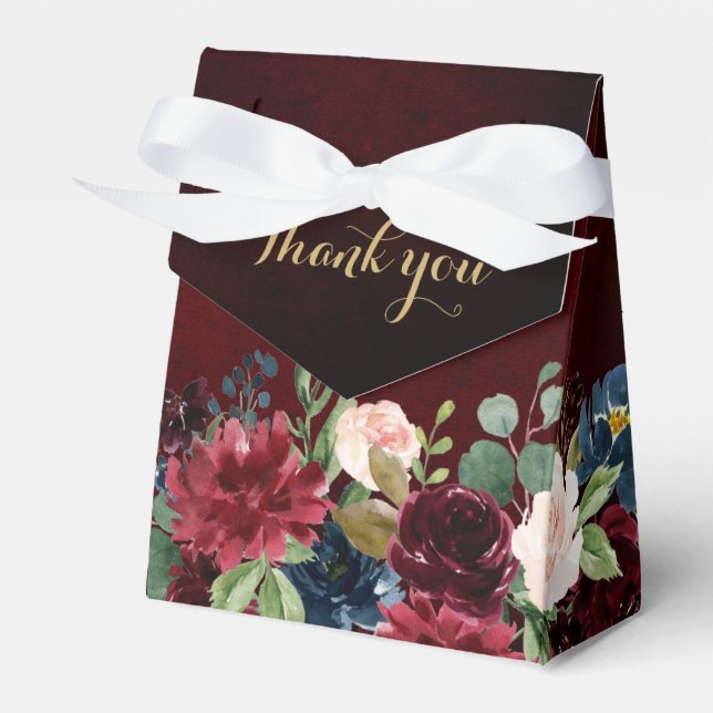 Burgundy Red Navy Floral Rustic Boho Wedding Favour Box (Front Side)