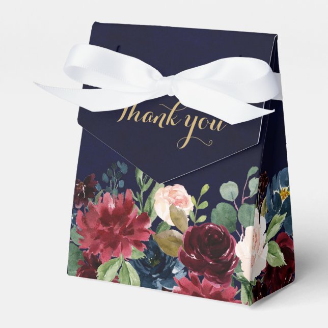 Burgundy Red Navy Floral Rustic Boho Wedding Favour Box (Front Side)