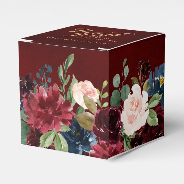 Burgundy Red Navy Floral Rustic Boho Wedding Favour Box (Front Side)