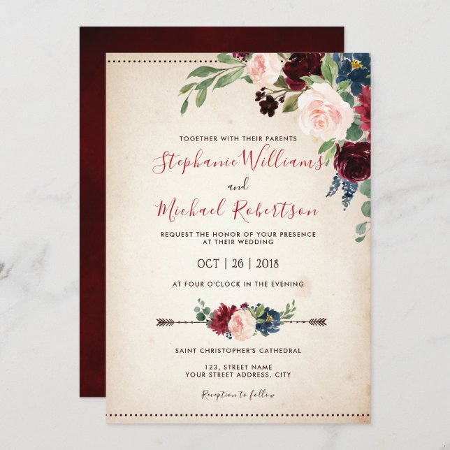 Burgundy Red Navy Floral Rustic Boho Wedding Invitation (Front/Back)