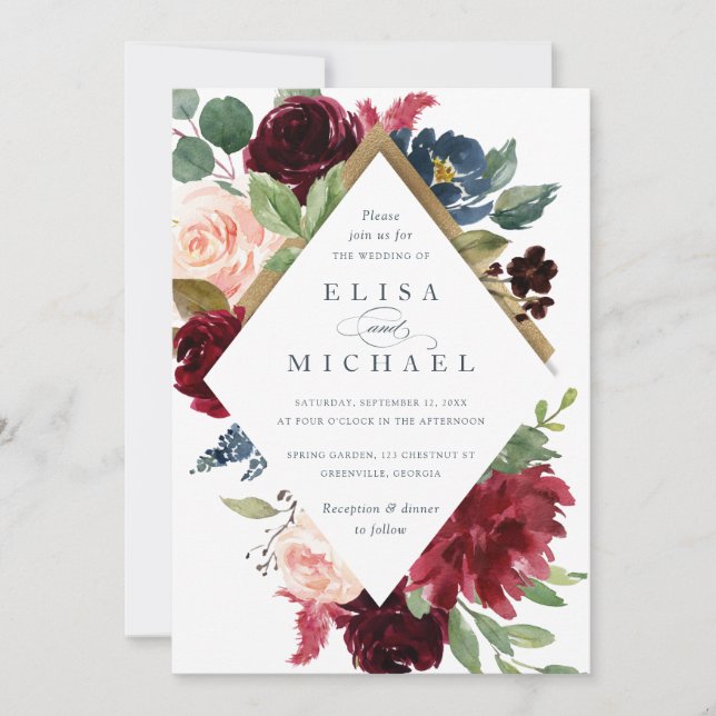 Burgundy Red Navy Floral Rustic Boho Wedding Invitation (Front)