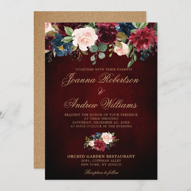 Burgundy Red Navy Floral Rustic Boho Wedding Invitation (Front/Back)