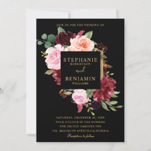 Burgundy Red Navy Floral Rustic Boho Wedding Invitation