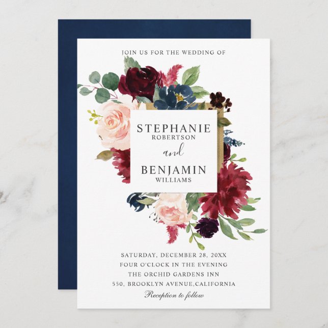 Burgundy Red Navy Floral Rustic Boho Wedding Invitation (Front/Back)