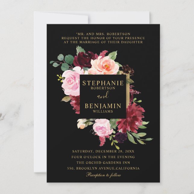 Burgundy Red Navy Floral Rustic Boho Wedding Invitation (Front)