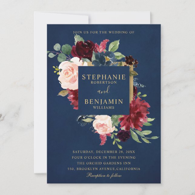 Burgundy Red Navy Floral Rustic Boho Wedding Invitation (Front)