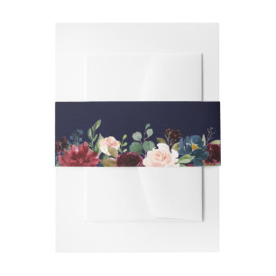Burgundy Red Navy Floral Rustic Boho Wedding Invitation Belly Band