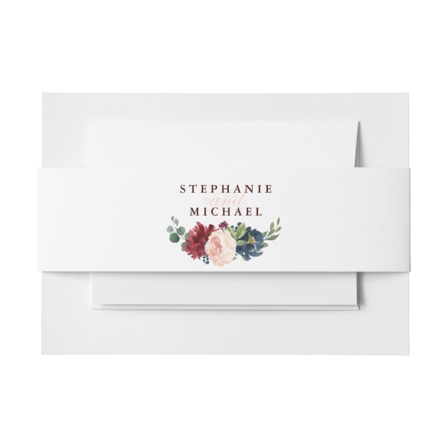 Burgundy Red Navy Floral Rustic Boho Wedding Invitation Belly Band (Front Example)