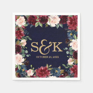 Burgundy Red Navy Floral Rustic Boho Wedding Napkin