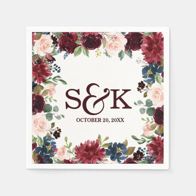 Burgundy Red Navy Floral Rustic Boho Wedding Napkin (Front)