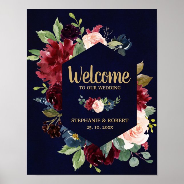 Burgundy Red Navy Floral Rustic Boho Wedding Sign (Front)