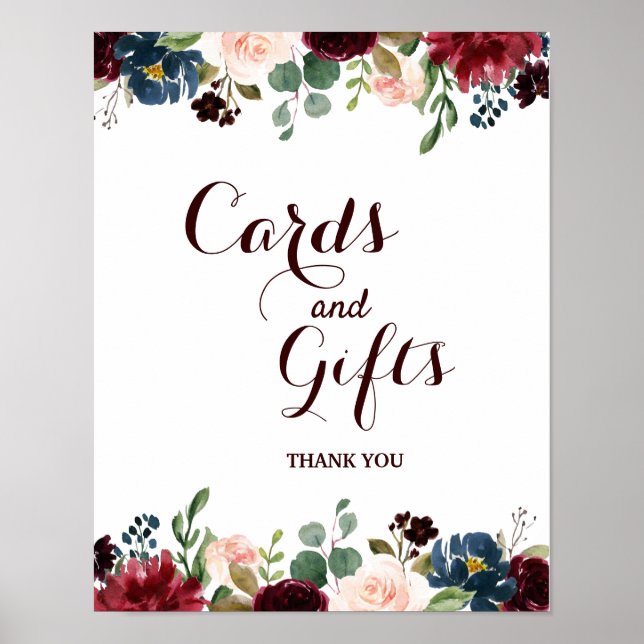 Burgundy Red Navy Floral Rustic Boho Wedding Sign (Front)