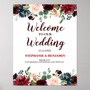 Burgundy Red Navy Floral Rustic Boho Wedding Sign