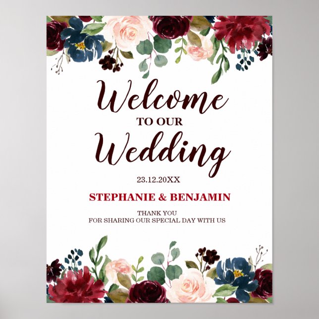 Burgundy Red Navy Floral Rustic Boho Wedding Sign (Front)