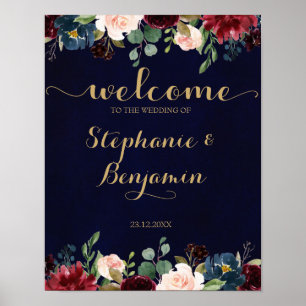 Burgundy Red Navy Floral Rustic Boho Wedding Sign