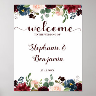 Burgundy Red Navy Floral Rustic Boho Wedding Sign