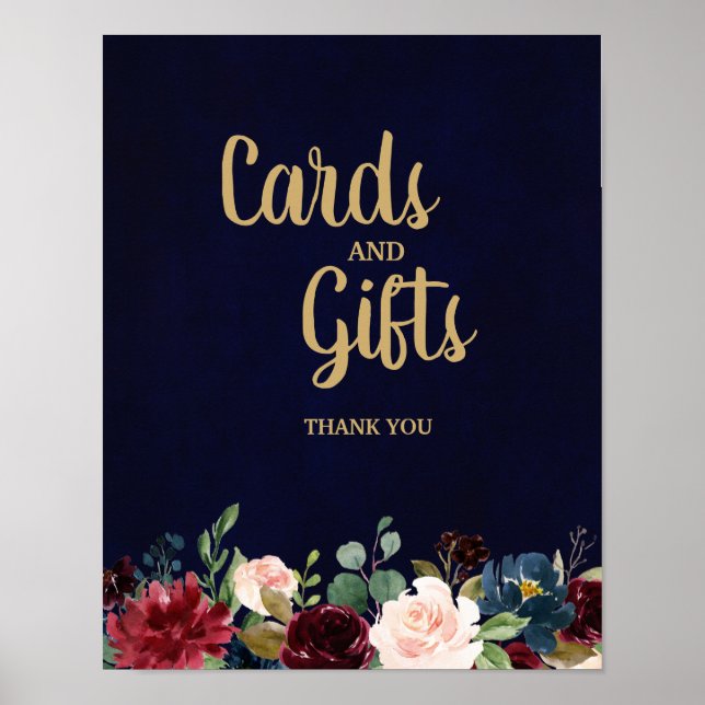 Burgundy Red Navy Floral Rustic Boho Wedding Sign (Front)