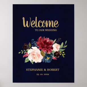 Burgundy Red Navy Floral Rustic Boho Wedding Sign
