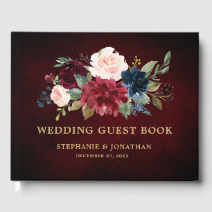 Burgundy Red Navy Floral Rustic Wedding guest book