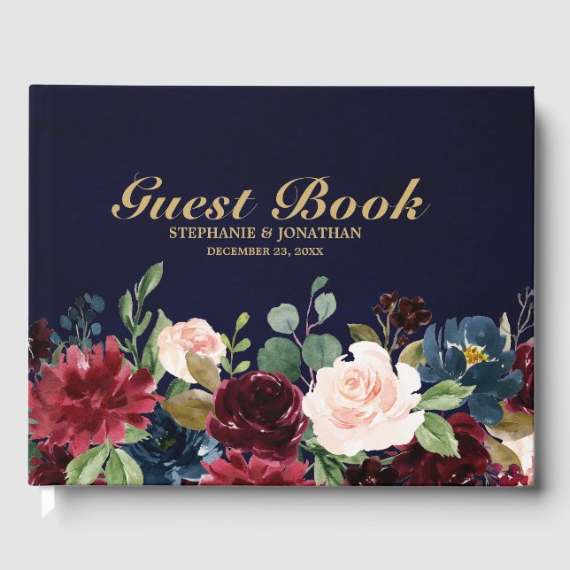 Burgundy Red Navy Floral Rustic Wedding guest book (Front)