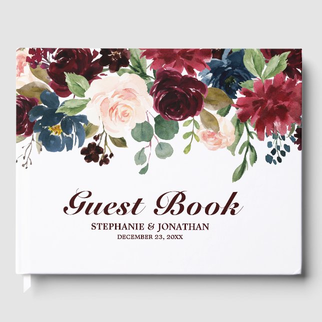 Burgundy Red Navy Floral Rustic Wedding guest book (Front)