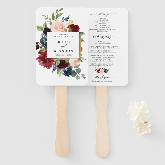 Burgundy Red Navy Floral Rustic Wedding program Hand Fan (Front and Back)