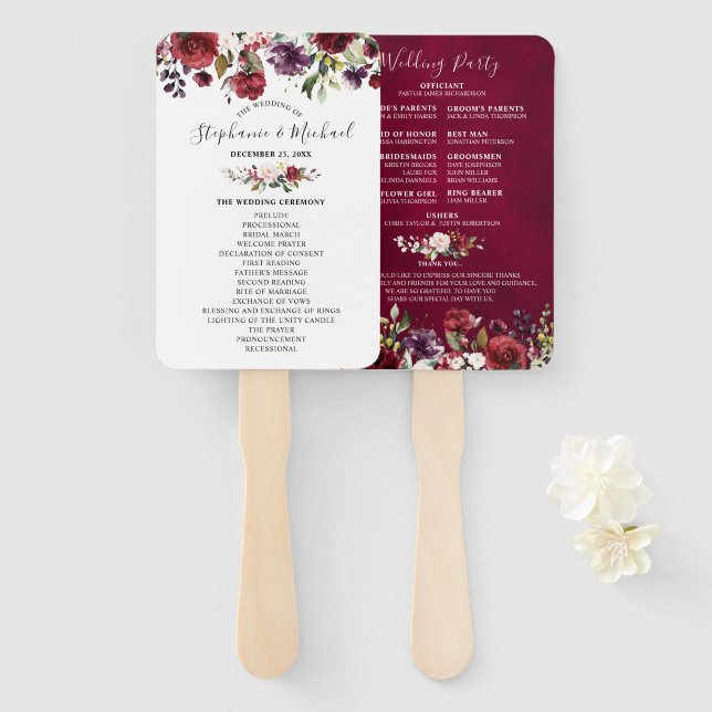 Burgundy Red Navy Floral Rustic Wedding program Hand Fan (Front and Back)