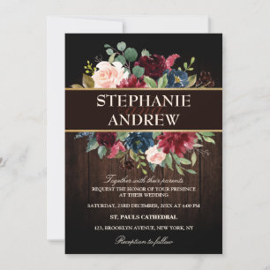 Burgundy Red Navy Floral Rustic wooden wedding Invitation